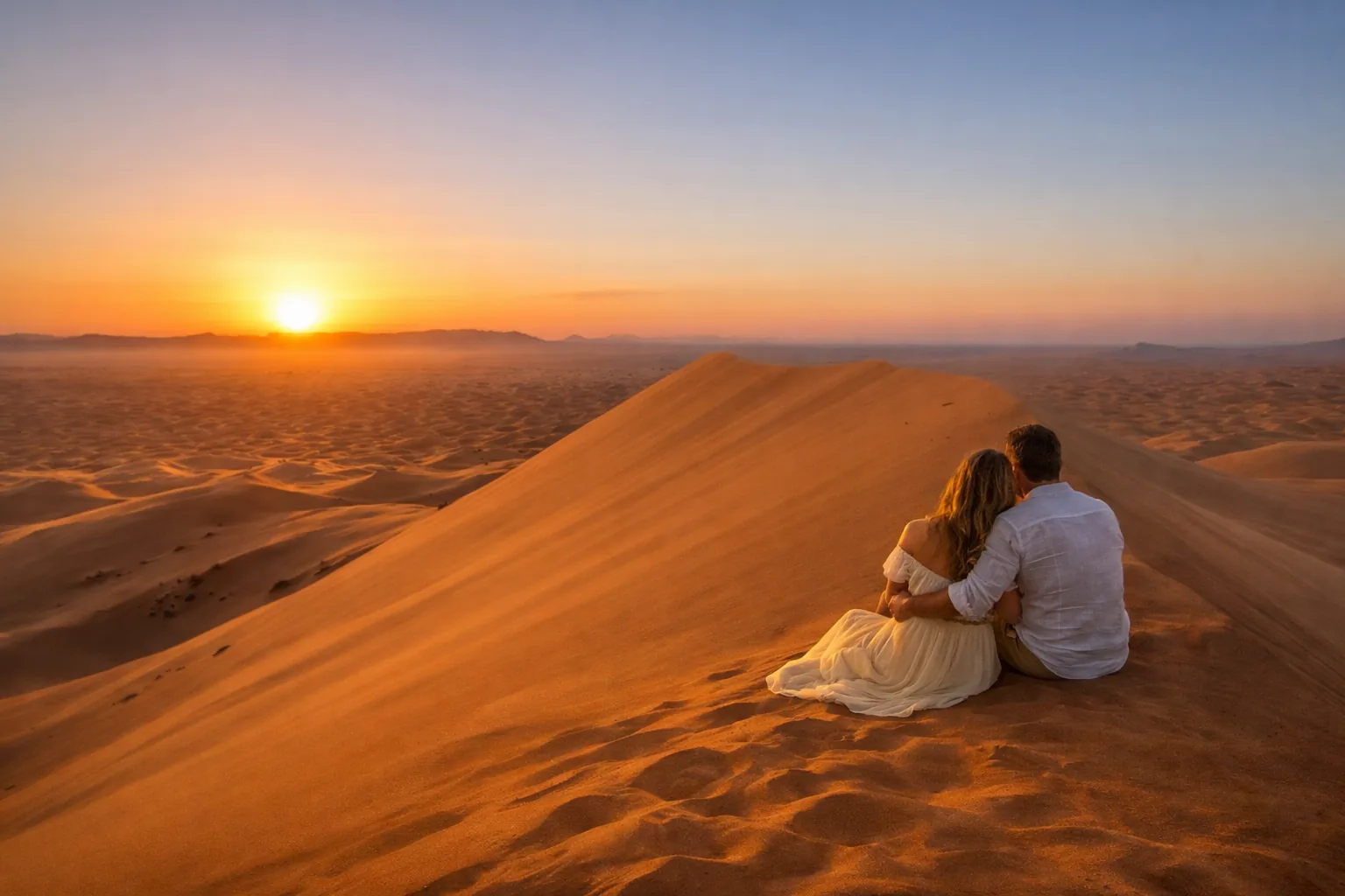 Casal a ver o pôr do sol sobre as dunas do deserto de Merzouga